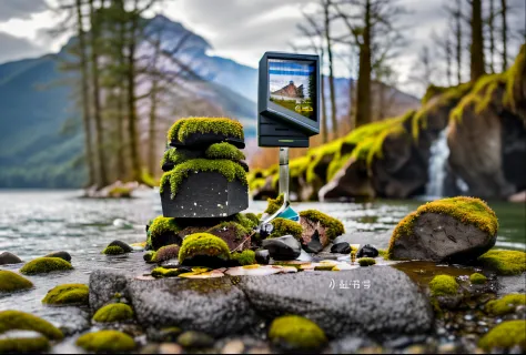 (8k, raw photo, best quality, masterpiece)，Display design, stream, display device on the water, stone, moss,  mountain in the background