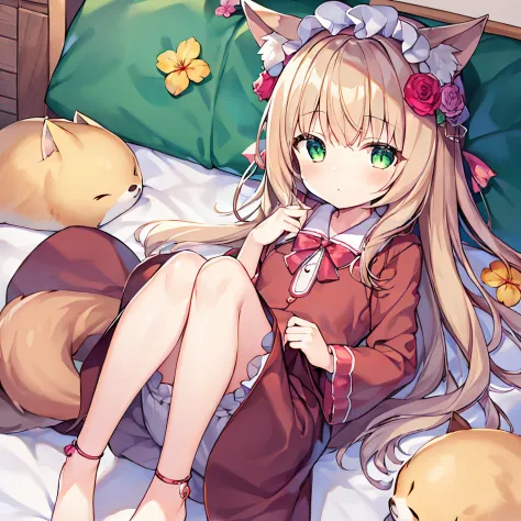 (tmasterpiece, Best quality, A high resolution), 1 girl, Alone, Oversized fox tail，Green-eyed，(Brown hair long)，Small flower hea...