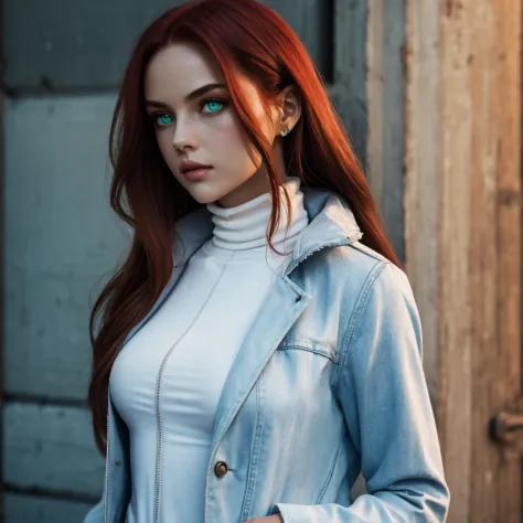 Redhead, full lips, modelesque figure, emarald green eyes, full body, cinematic lighting, white turtleneck, blue jacket, single ...