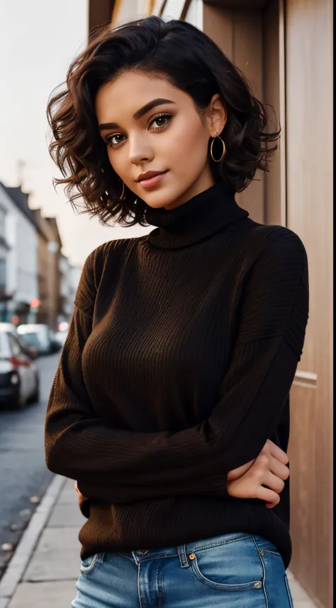 Beautiful Girl 25 years old, dark short curly hair, fine nice detaild face, black turtleneck longsleeve knitted tight sweather, ...