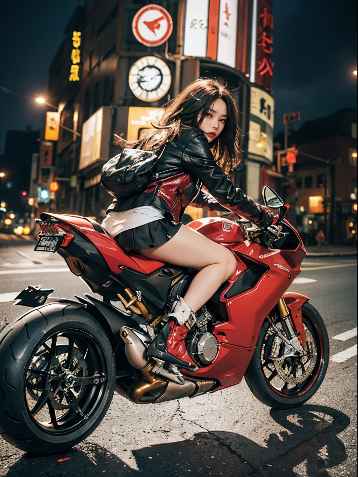 Araffe Woman In Leather Jacket Sitting On A Red Motorcycle Seaart Ai