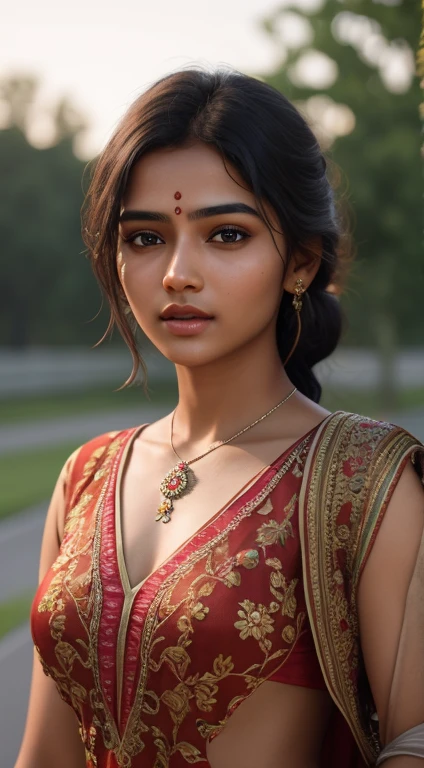 young Indian girl, 18-year-old, red top, gentle lighting, intricate facial details, flawless complexion, top-notch 3D rendering, hyper-realistic, shot on Indian road. photorealistic digital art trending on Artstation 8k HD high definition detailed realistic, detailed, skin texture, hyper detailed, realistic skin texture, armature, best quality, ultra high res, (photorealistic:1.4),, high resolution, detailed, raw photo, 400 camera f1.6 lens rich colors hyper realistic lifelike texture dramatic lighting unrealengine trending on artstation cinestill 800