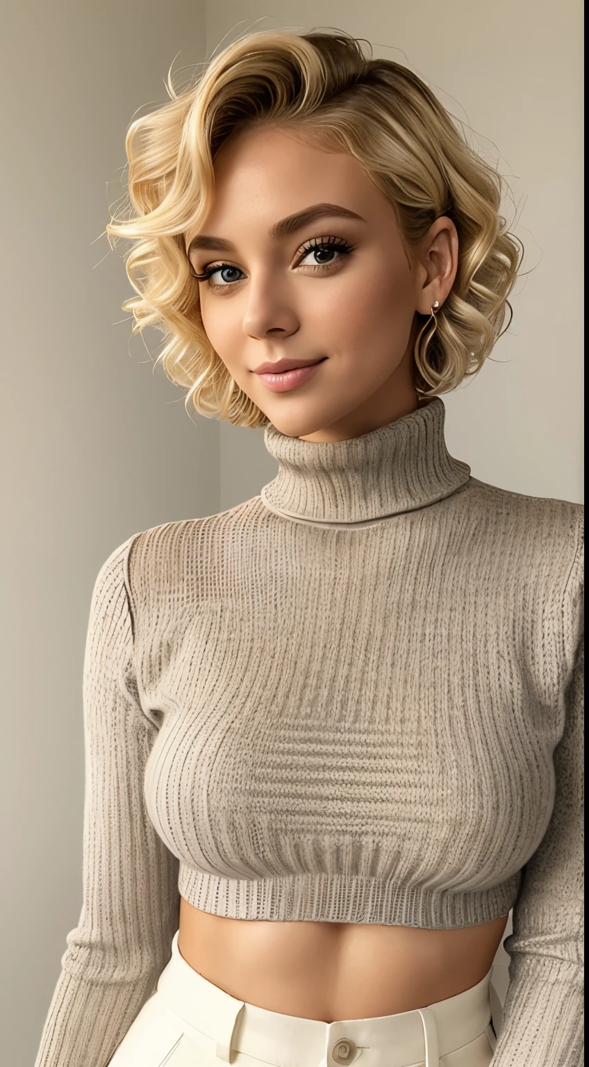 Beautiful arafed Girl 25 years old, blond short curly hair, fine nice detaild face, black turtleneck  knitted tight sweather, brown eyes, long eyelashes, white trousers, lace bra