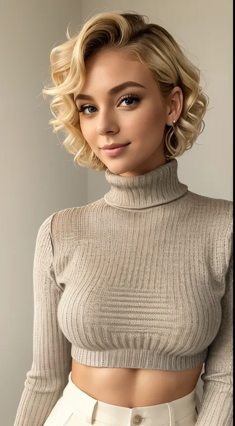 Beautiful arafed Girl 25 years old, blond short curly hair, fine nice detaild face, black turtleneck  knitted tight sweather, br...