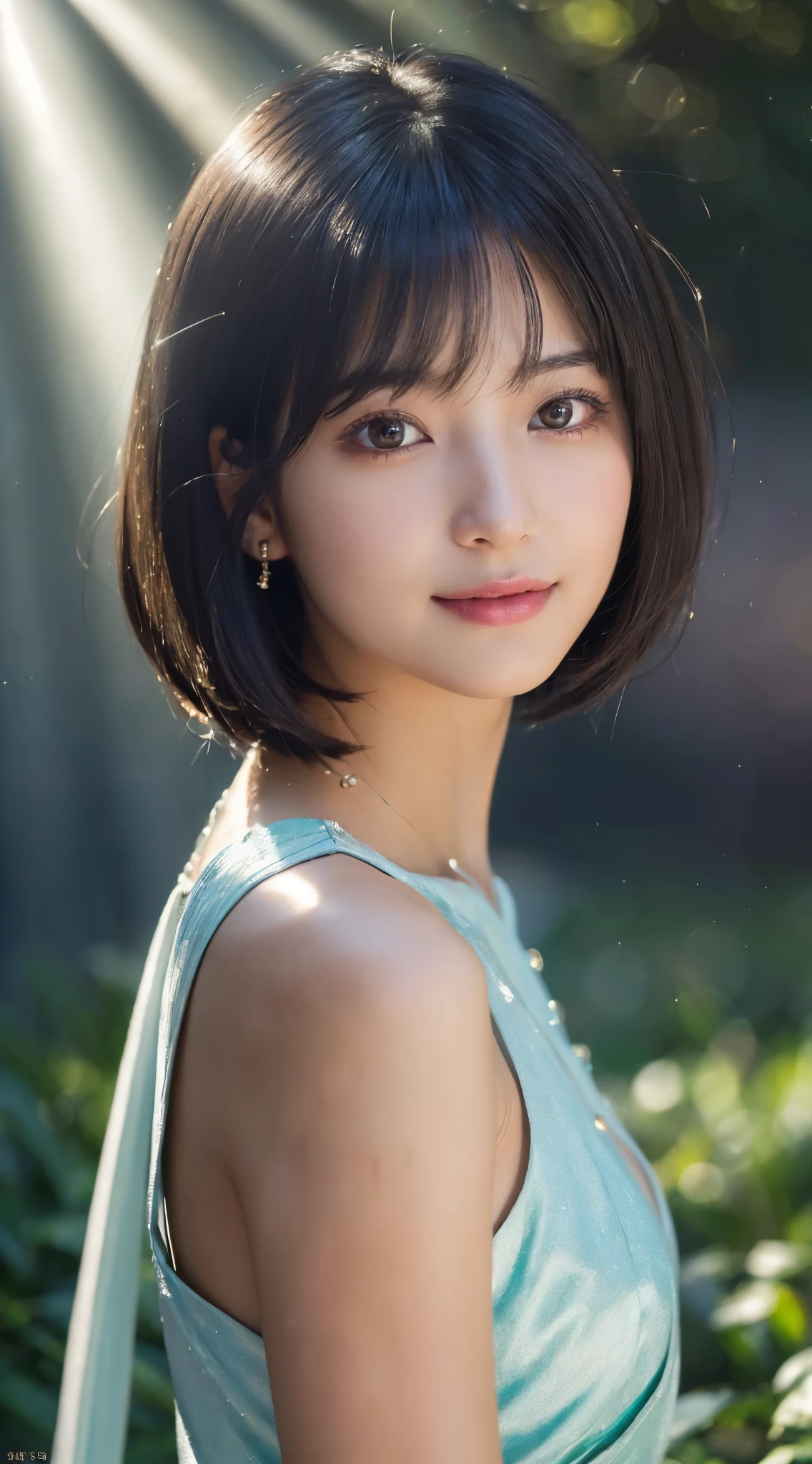 (top-quality,8K picture quality,​masterpiece:1.3,),(超A high resolution,Photorealsitic:1.4,Raw photography),(ultra-detailliert,shinny skin,Detailed skin),(Detailed face,Perfect Anatomy,Caustics),(Bust-up shot),(Rays of light fill the screen:1.5),(World of Light:1.5),(Immaculate world:1.5),(girl in the light:1.4),Black hair short bob,smil,stares at the camera,