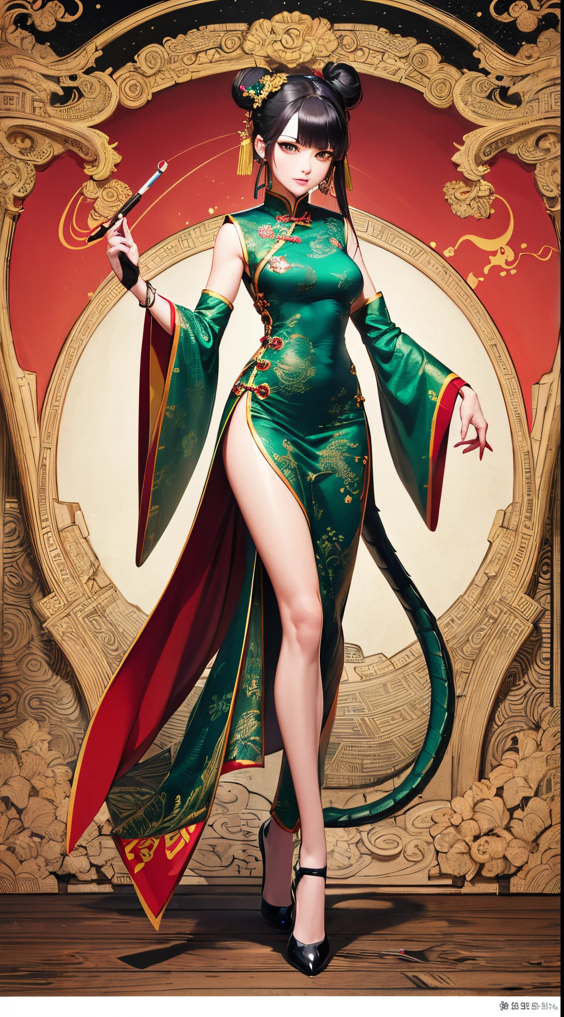 masterpiece, highres, ultra detailed, (ultra-detailed background, detailed background), green dragon girl, 1girl, monstergirl, dragon like girl with dragon tail, perfect face, long black hair, chinese haircut, hair bun, red and golden color of dress, detailed face, detailed hands, detailed body, detailed eyes, symbol of the year, Chinese lunar calendar, (zentangle:1.2), (geometric:1.2), colorful, full body, holding smoking tube, ((sexy walking pose to the viewer)), traditional Chinese clothes, dragon scales on body, stars on background, muscular body, perfect athletic fit body, Chinese ornaments tattoos, dragon-girl of Chinese culture