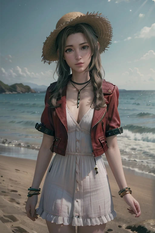 realistic, realism, photorealism, photo-realistic, high contrast, (photorealistic:1.4), 8k high definition detailed realistic, (best quality, masterpiece:1.2), NSFW,  photon mapping, radiosity, physically-based rendering, best quality, highly detailed,1girl, ffalice, green eyes,sea, sky, beach, jacket, dress, straw hat, cow girl pose,