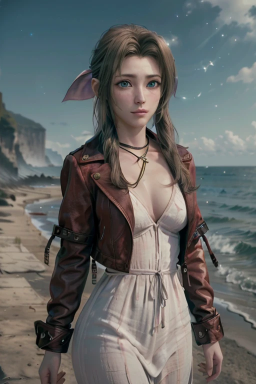 realistic, realism, photorealism, photo-realistic, high contrast, (photorealistic:1.4), 8k high definition detailed realistic, (best quality, masterpiece:1.2), NSFW,  photon mapping, radiosity, physically-based rendering, best quality, highly detailed,1girl, ffalice, green eyes,sea, sky, beach, jacket, dress,  cow girl pose, voluptuous