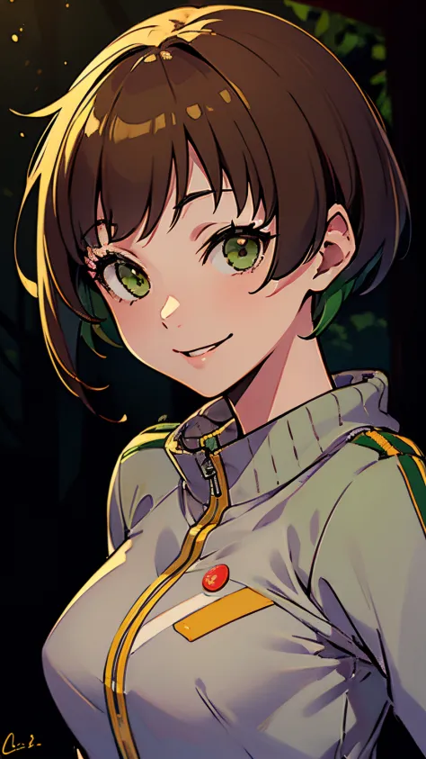 (((masterpiece))), Chie Satonaka, cute smile, outdoor, green track jacket