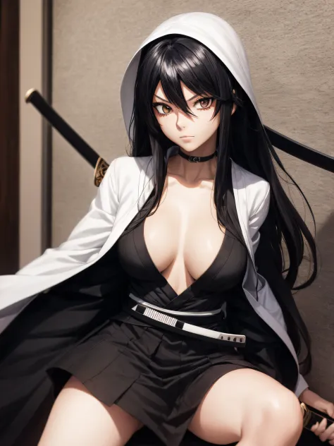 1 girl, soul reaper outfit from bleach, black long hair, katana sword, black eyes, 8K, master piece, looking at viewer