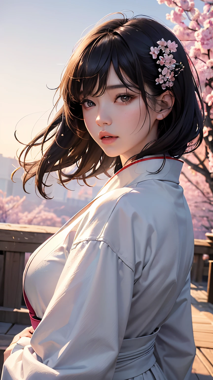 (A logo、​masterpiece、8K、masutepiece、Raw photo、Fantastic、Best Quality、Photorealistic and highly detailed CG integrated 8K wallpaper、hightquality、ighly detailed、epic poem、Particle effect、Dynamic effects、depth of fields、Cinematic Light、Lens Flare、Ray tracing)、Fantasia、 (1 beautiful woman in a white coat、robe blanche、Japanese dress、A dark-haired、Beautiful face、Real Face、beautiful details eyes beautiful skin)、Hair flutters in the wind、Hair jumps、Pink cherry blossom tree、Petals flutter、Sakura blizzard、Superb view、morning glow、Sun in the background、the wind、Deities、tusk、myth、Vast Land、