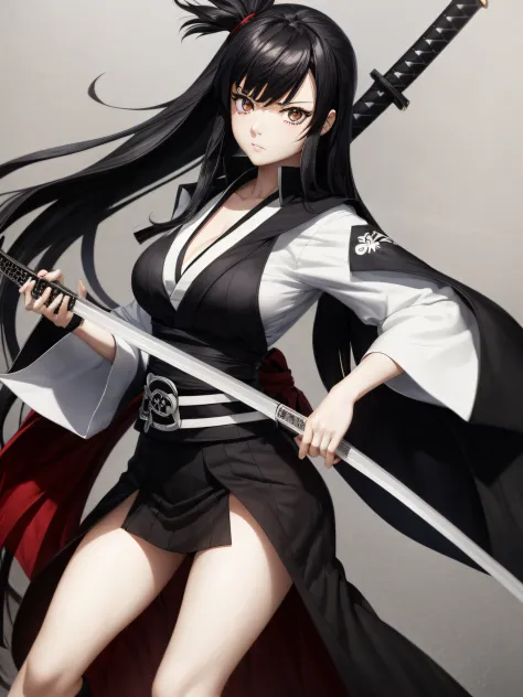 1 girl, soul reaper outfit from bleach, black long hair, katana sword, black eyes, 8K, master piece, looking at viewer