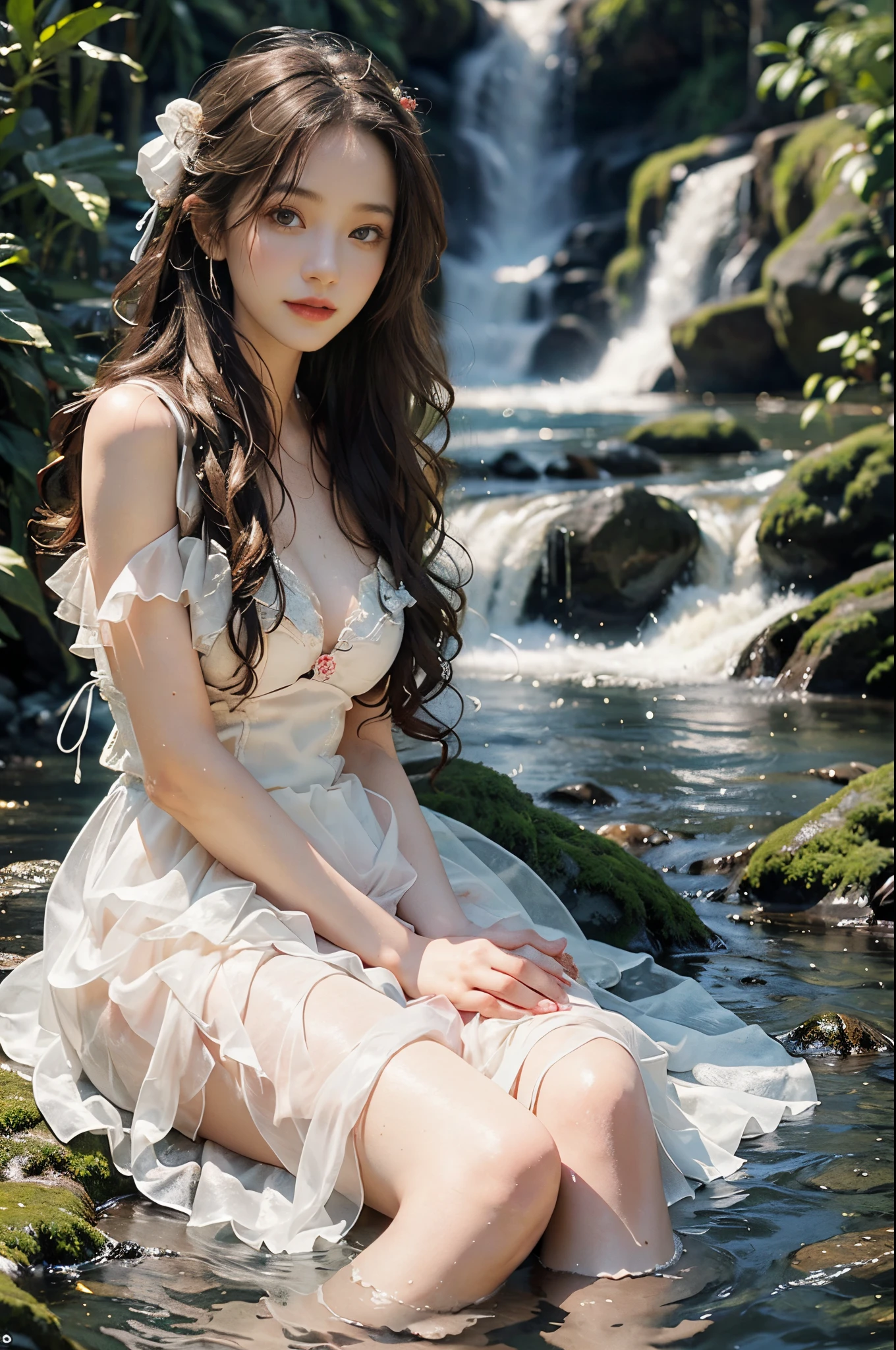 Romantic Rosette dress2, fashi-girl,red lips,mature female,makeup, makeup, ((cowboy shot)), (best quality, masterpiece:1.2), Sitting, sitting on a rock, ultra-detailed, (realistic:1.37), beautiful, youthful, glamorous model with (detailed eyes, detailed lips, extremely detailed eyes), with white and floral colors, showcasing a radiant smile, slender figure, long legs, creating a breathtaking depiction of a girl enjoying the water,  realistic waterfalls, wet clothes and hair,  radiant sunlight,  lush greenery, refreshing mist, Elegant pose, random pose, random Angle of view, Getting wet under a waterfall, The waterfall fell on her