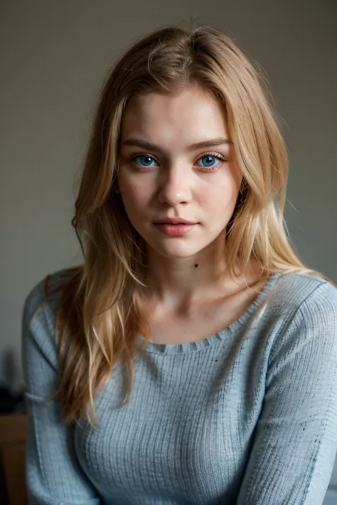 Extremely realistic blonde Russian girl with blonde hair and blue eyes, wearing a blue jumper, entire body, looking at the camera