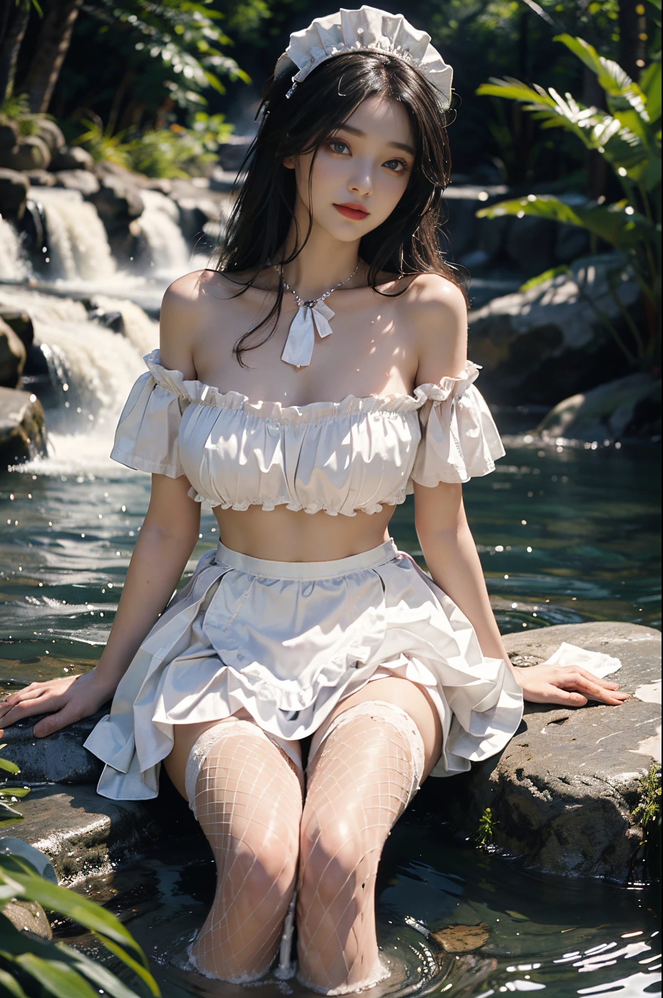 fishnets, apron,skirt,maid headdress, fashi-girl,red lips,mature female,makeup, makeup, ((cowboy shot)), (best quality, masterpiece:1.2), Sitting, sitting on a rock, ultra-detailed, (realistic:1.37), beautiful, youthful, glamorous model with (detailed eyes, detailed lips, extremely detailed eyes), with white and floral colors, showcasing a radiant smile, slender figure, long legs, creating a breathtaking depiction of a girl enjoying the water,  realistic waterfalls, wet clothes and hair,  radiant sunlight,  lush greenery, refreshing mist, Elegant pose, random pose, random Angle of view, Getting wet under a waterfall, The waterfall fell on her