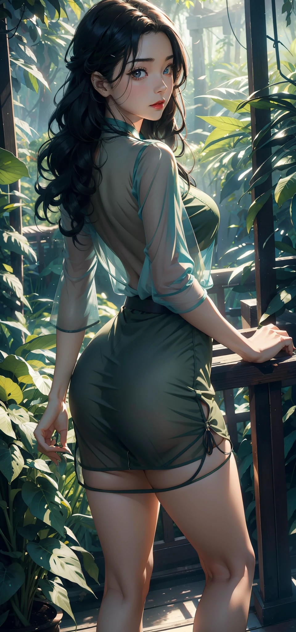 1female，45 yers old，Married woman，legs long, Slim waist， photo exposure， solo，（Background with：at a forest，the rainforest，in summer） She has long black hair，Redlip，Stood up，seen from the front， curlies， The sky is mostly cloudy，（（（tmasterpiece），（Very detailed CG unified 8k wallpaper），Best quality at best，light，detailed back ground，Beautiful right eye pupil，（very delicate beautiful），（Beautiful and detailed eye descriptions），ultra - detailed，tmasterpiece，）），facing at the camera，A high resolution，ultra - detailed），Revealed，equipment， Convex，Camel toes，Raised sexy，soldiers（dressed in：，Green transparent shirt，）