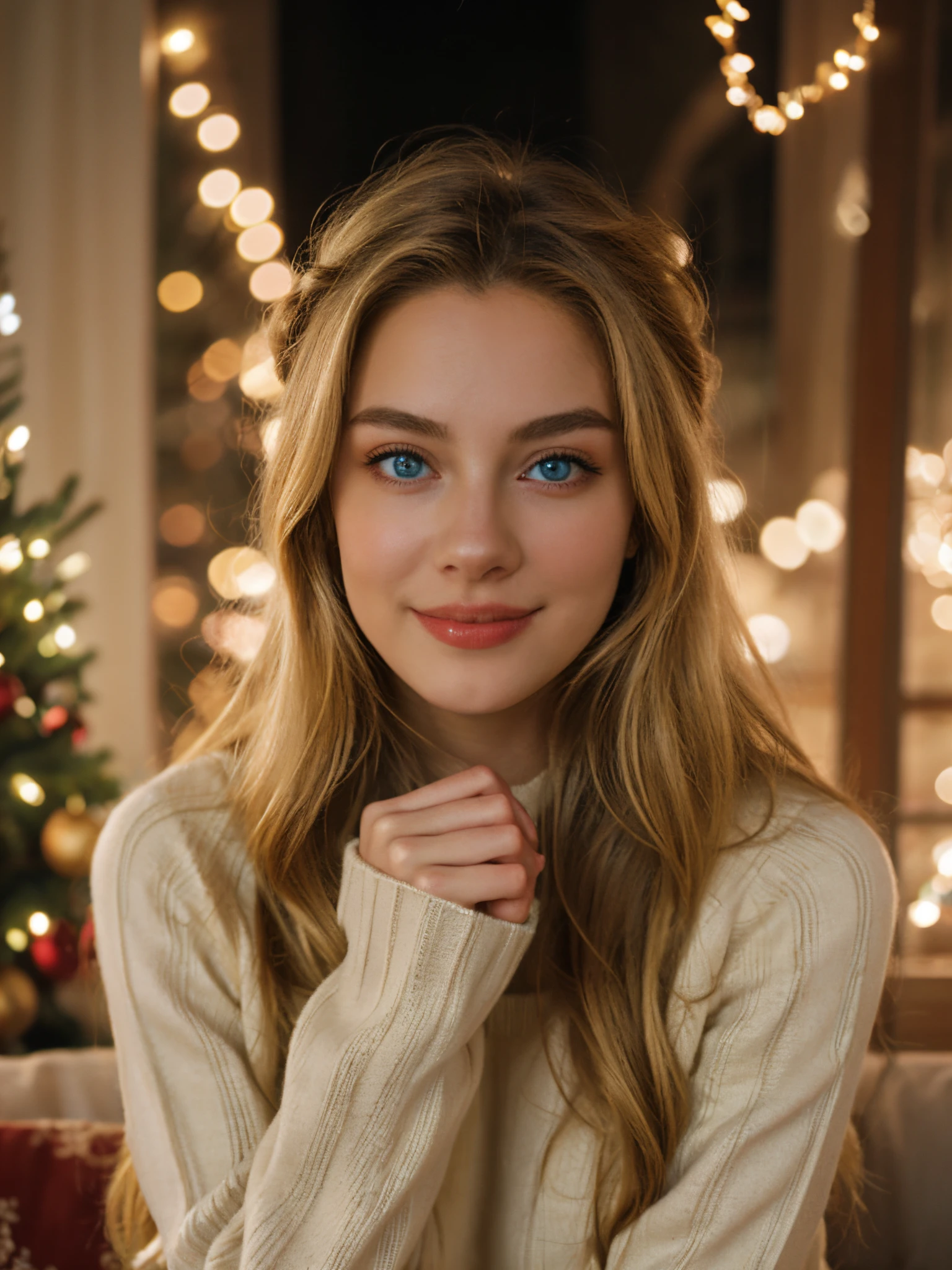 1. Mädchen mit Riesenbrüsten, allein, ssmile, Weihnachtsbaum, lange weiße Haare, Pullover, eBlaue Augen, Betrachter betrachten, tatsächlich, Blondes Haar, verschwommen, Der Ärmel reicht bis über das Handgelenk, weißer Pullover, Weihnachten, drinnen, Weihnachten ornaments, Der obere Teil des Körpers,  geöffnete Lippen, längere Ärmel,