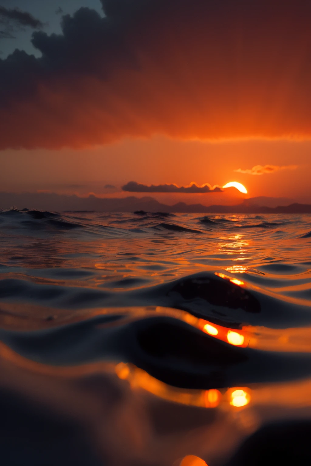 Sea level perspective, eye-level view, sea surface, sunrise, red sun, (sea-sky ratio: 1)