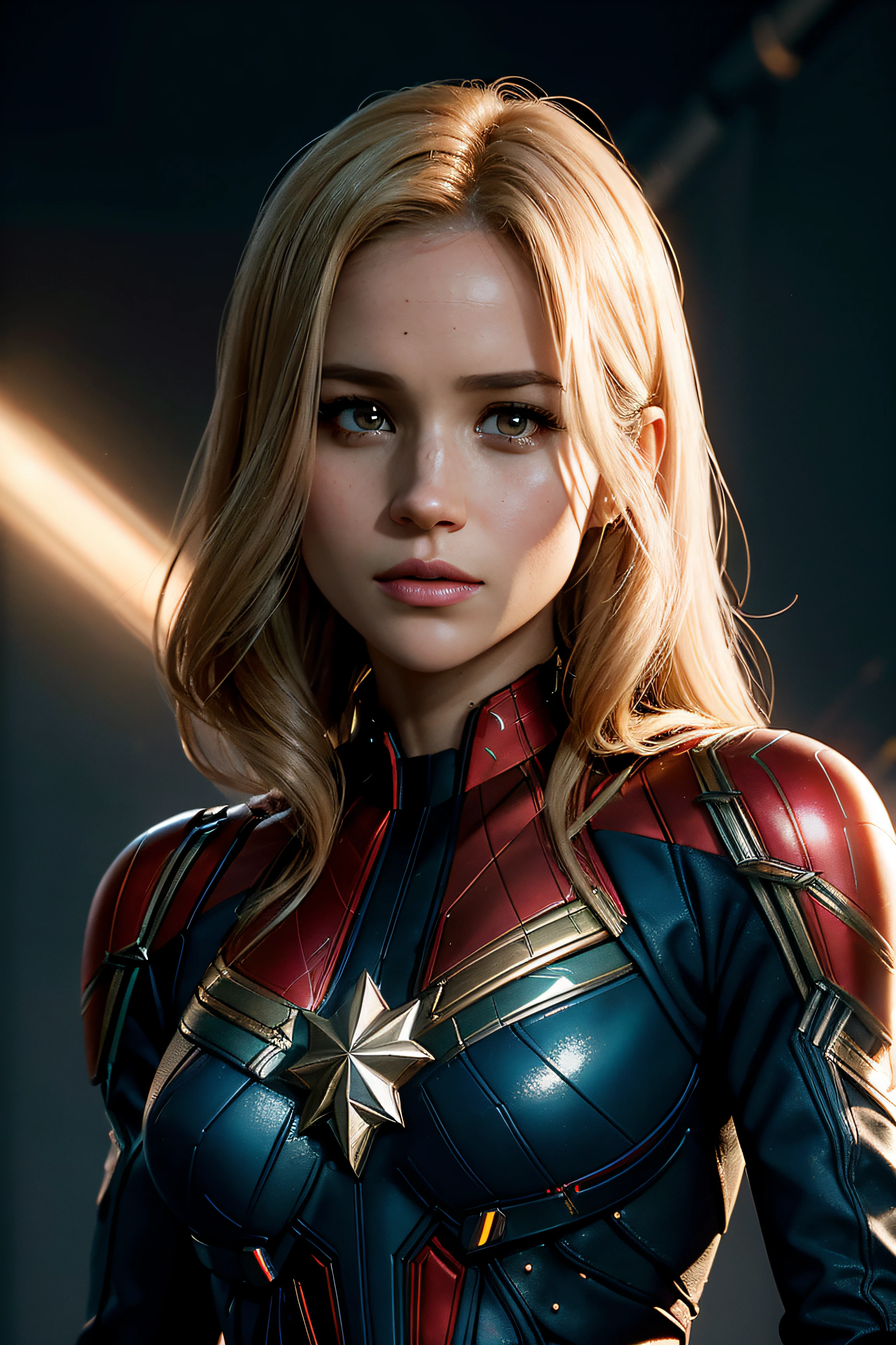 Meghan Markle, wearing Captain Marvel costume sexy clothes transparent. professionally retouched, soft lighting, realistic, smooth face, perfect eyes, sharp focus on eyes, 8 k, high definition, insanely detailed, intricate, elegant. in a natural background.