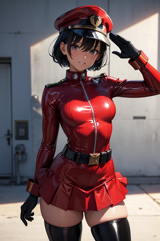 Masterpiece, Best Quality, Highly detailed, illustration, absurdres, street fighter, doll suit, shadaloo doll, agent aika, girls, multiple girls, expressionless, blank eyes, looking at viewer, red gloves, emotionless, black latex, corrution, mind control, female combatant, full body, hypnotized, unhappy trance, full body suit, leotard, perfect female body, extremely glossy latex, Delmo Uniform, belt, hypnosis, hypnoLora, empty eyes, Mind control device, thigh high, poses, submissive_pose, visor, standing, standing at attention, standing at attention, Slave, full tight leg, hat, ribbed bodysuit, nazi saluting, military, military saluting, salute, naughty face, thick_thighs, latex thigh boots, evil grin, dark magical girl, layered skirt, showgirl skirt, SummerTime Rendering, Kofune Mio, dark skin, black hair, short hair