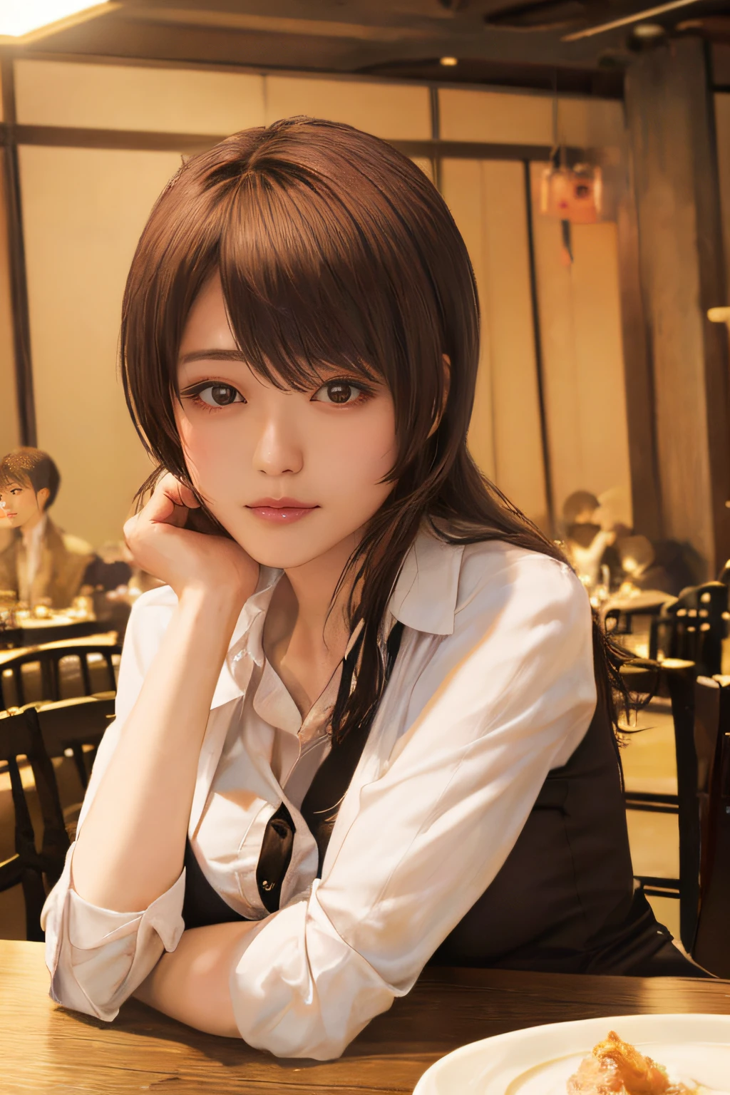 (photo-like super-realistic and high-definition images), atmospheric perspective, 8k, super detail, accurate, best quality, angle from belong, a Japanese actress, drooping eyes, sleepy face, (((she is across the table from me))), business suit, skirt, shirt stuck her areola, thigh-high stocking,