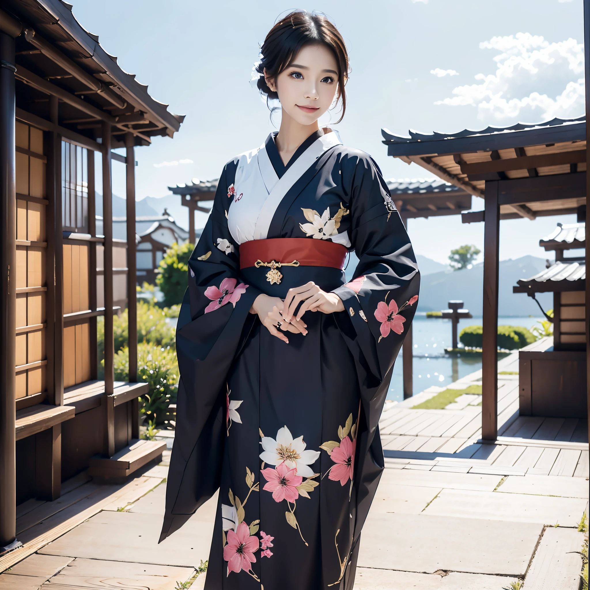 (Super beautiful woman in kimono)、((best qualtiy、8k masterpieces:1.3))、White kimono、foco nítido:1.2、(ultra beautiful faces:1.0)、(shinny skin:1.0)、photos realistic、、from the front side、medium breasts、With a happy smile、Slender Abs Beauty、Whole body、wearing kimonos、