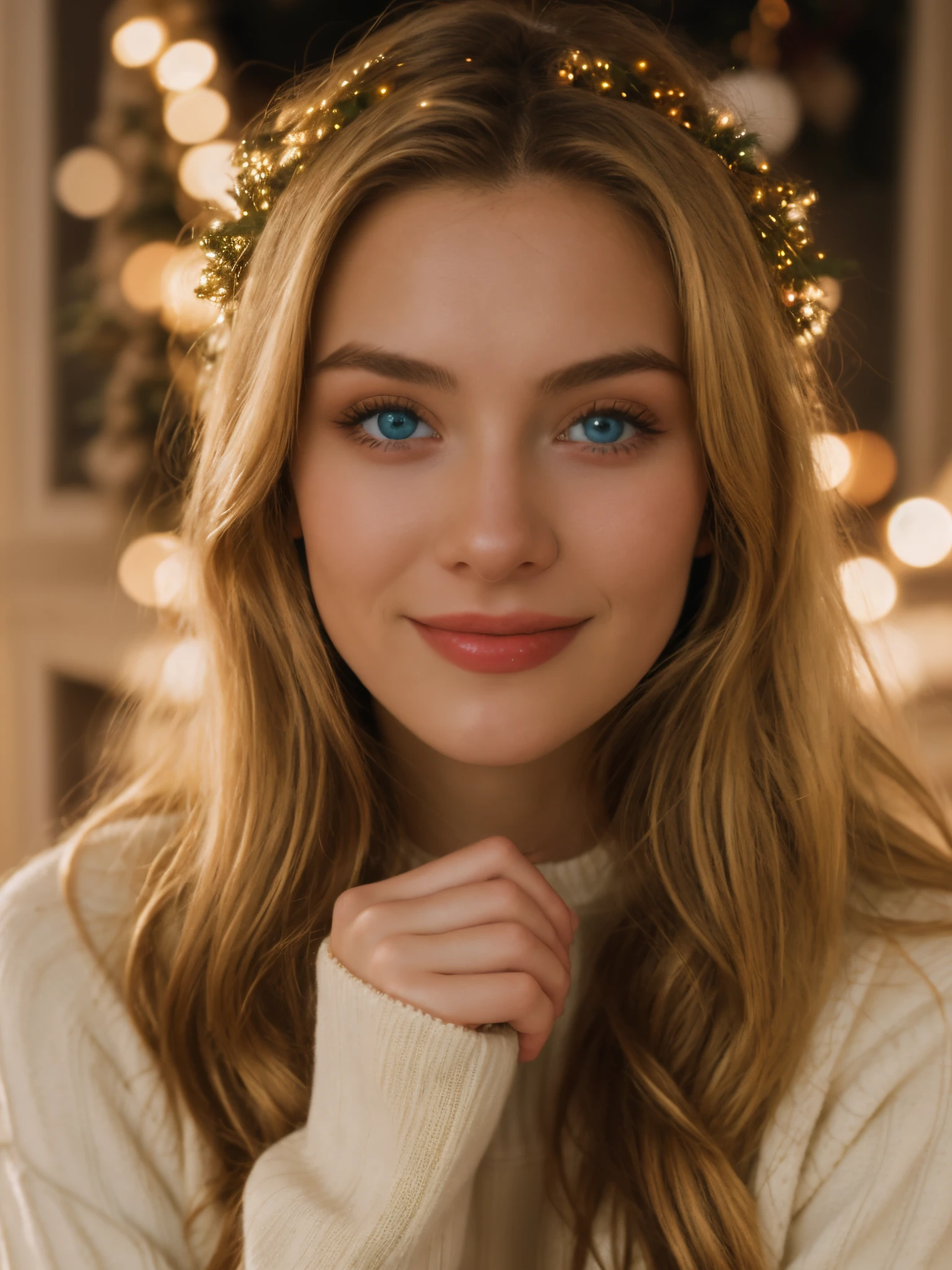 1girl, solo, smile, christmas tree, long hair, sweater, blue eyes, looking at viewer, realistic, blonde hair, blurry, sleeves past wrists, white sweater, christmas, indoors, christmas ornaments, upper body,  lips, long sleeves,