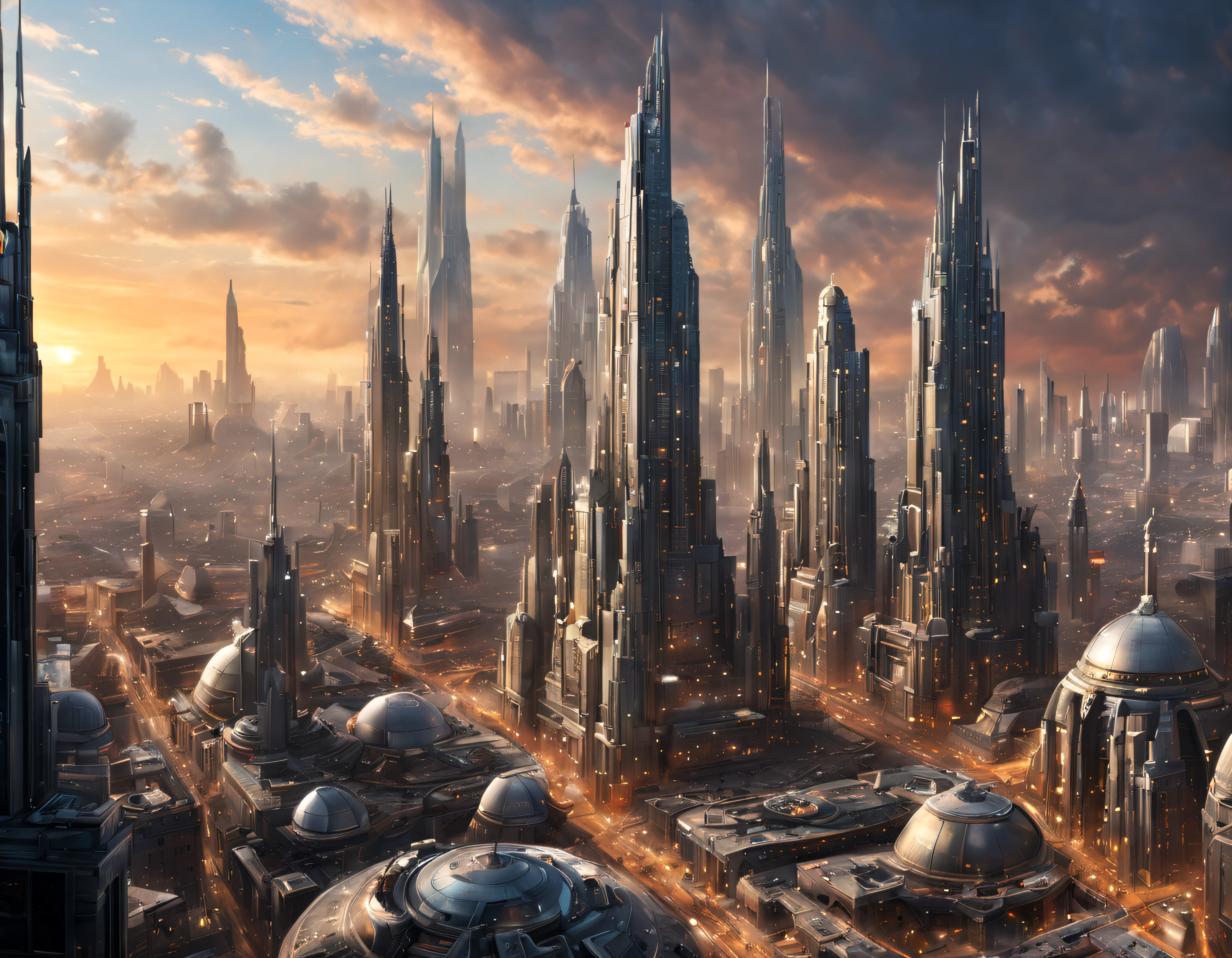 (The city of Coruscant from Star Wars as designed by Doug Chiang), futuristic fantasy city with immense buildings of technological design (que forman una avenida infinita), edificios compactor no difuminados con aspecto metalico, luces en ventanas en edificios, iluminacion diurna con sol, con estructuras acristaladas espectaculares, (con colores vivos). pavimento ensolado (sin brillo). gente paseando. imagen bien definida con muchos edificios juntos. imagen nitida bien definida 8k. los edificios llegan alta el fondo.,8k. imagen cinematografica