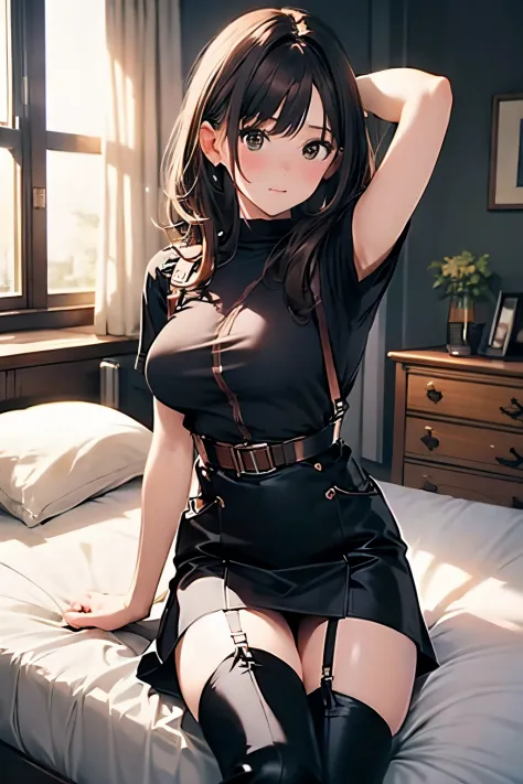 brown hair、watching at viewers　　　black suspenders　　　bulging big breasts　　 　 　　　walls: 　black miniskirt　garters　　　　　　gaze　　　small...