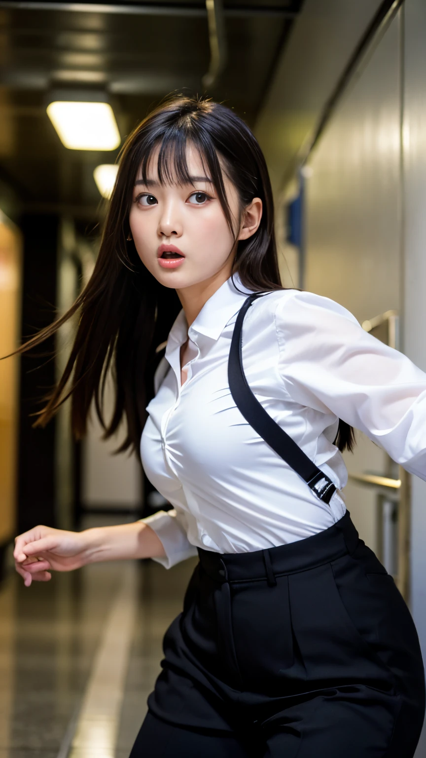 Best-quality, Masterpiece, Ultra-High-Resolution, (Photorealistic:1.4), Raw-Photo, Extremely-Details, Perfect-Anatomy, 

1girl, the most famou Japanese actress, very furious and angry, (((Dashing through corridors of Japanese high school, dynamic-pose):1.2)), wearing women's business pants suit, 

((extremely beautiful angry face like a most popular Japanese actress, extremely beautiful big black solid circle eyes):1.1), extremely beautiful hair, detailed women's business pants suit, detailed corridors of Japanese high school