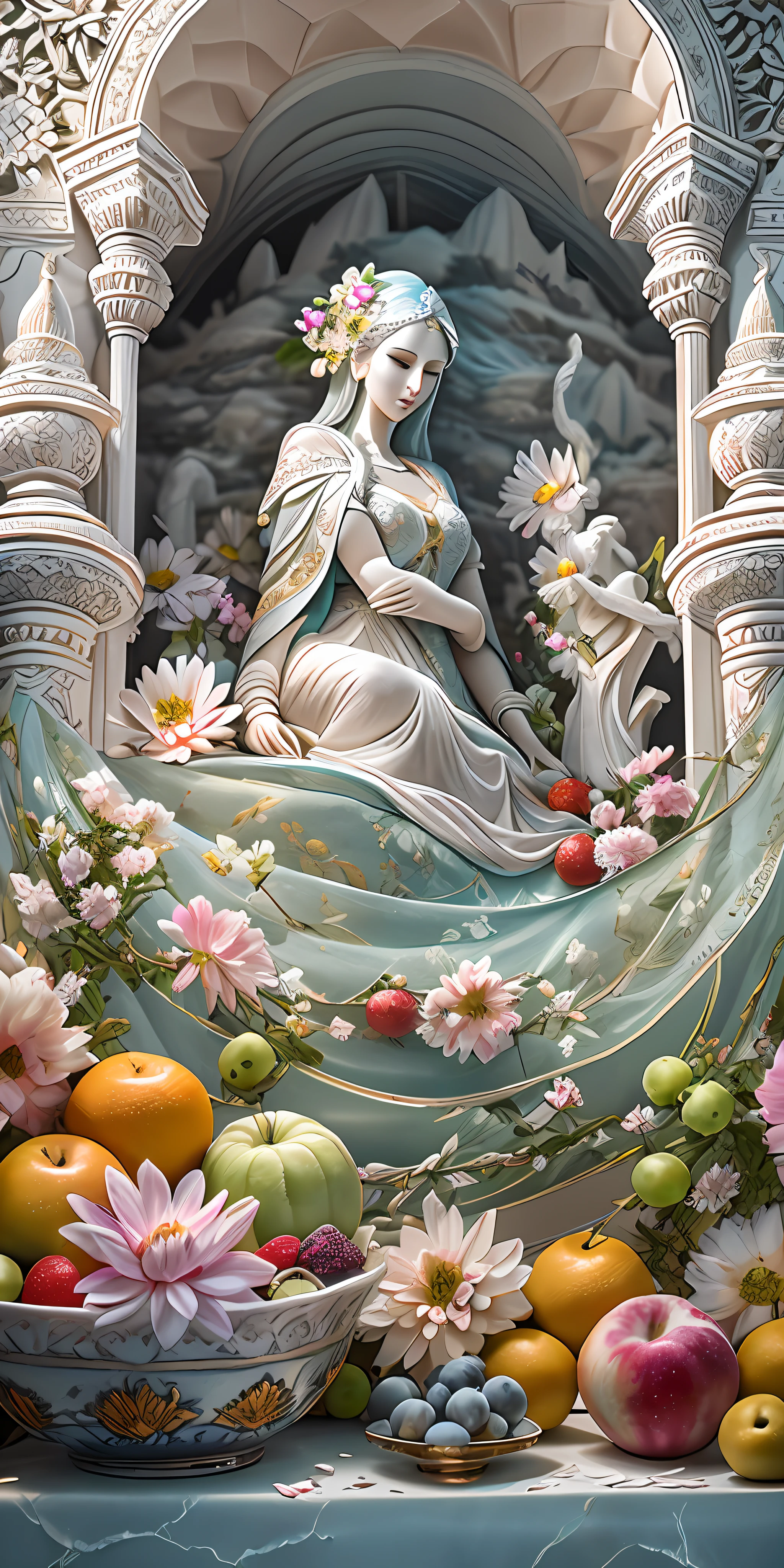 best quality, realistic, photorealistic,  ultra detailed, "Mountain of Flower and Fruit+Fairy+Indian Architecture" highly detailed carving on "southern ice" porcelain,Ultra wide angle,Accent Lighting,Volumetric Lighting,backlighting, (detailed light),((an extremely delicate and beautiful)),dramatic_shadow,ray_tracing,hdr