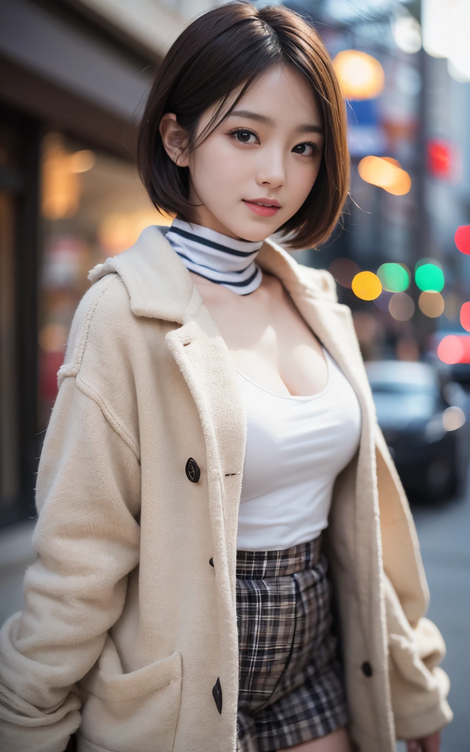 Cute 21 years old Japan、shopping、natta、nighttime scene、Christmas、date、Super Detail Face、Eye of Detail、二重まぶた、beautiful thin nose、foco nítido:1.2、prety woman:1.4、(light brown hair,short-haired、),fair white skin、top-quality、​masterpiece、超A high resolution、(Photorealsitic:1.4)、Highly detailed and professional lighting smile、cute fancy winter clothes、Cute muffler、B cup breasts、