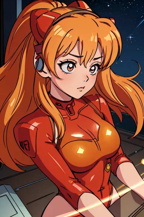 (down view),dynamic angle,ultra - detailed, illustratio, closeup cleavage, direct, 1个Giant Breast Girl, 
 ((Soryu Asuka Langley, Interface headset, red leotard:1.4, blond hairbl)),Her eyes sparkle like dreamy stars,(glowing light eyes:1.233),(美丽细致的眼睛:1.1),...