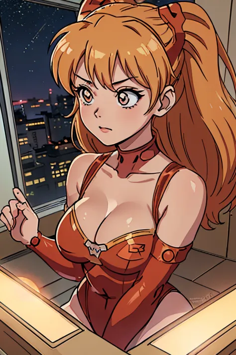 (down view),dynamic angle,ultra - detailed, illustratio, closeup cleavage, direct, 1个Giant Breast Girl, 
 ((Soryu Asuka Langley, Interface headset, red leotard:1.4, blond hairbl)),Her eyes sparkle like dreamy stars,(glowing light eyes:1.233),(美丽细致的眼睛:1.1),...