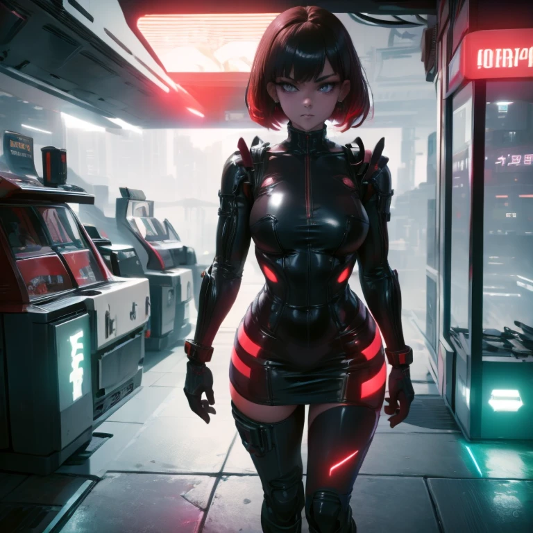 A dark-haired、short-haired、Red clothes、natta、sity、bodycon dress、neons、a miniskirt、cyberpunked