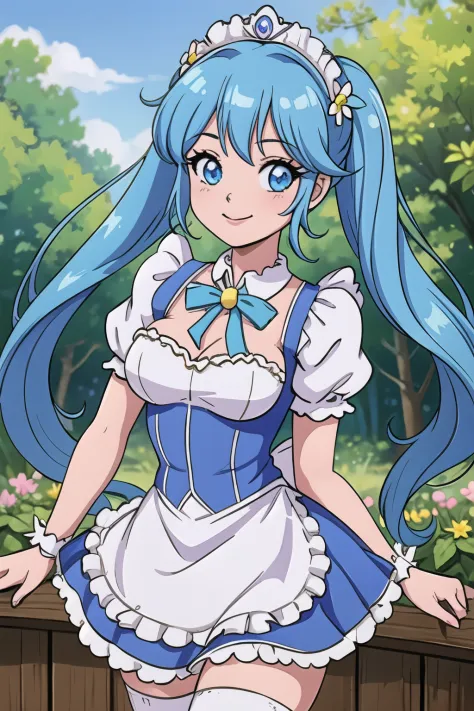 Super Idol　A beautiful girl in a sparkling maid cafe　A charming smile　sky blue hair　length hair　Twin-tailed　A cafe full of flowers in a bright forest　White the, pink there, Blue and yellow maid style leotard　facing front