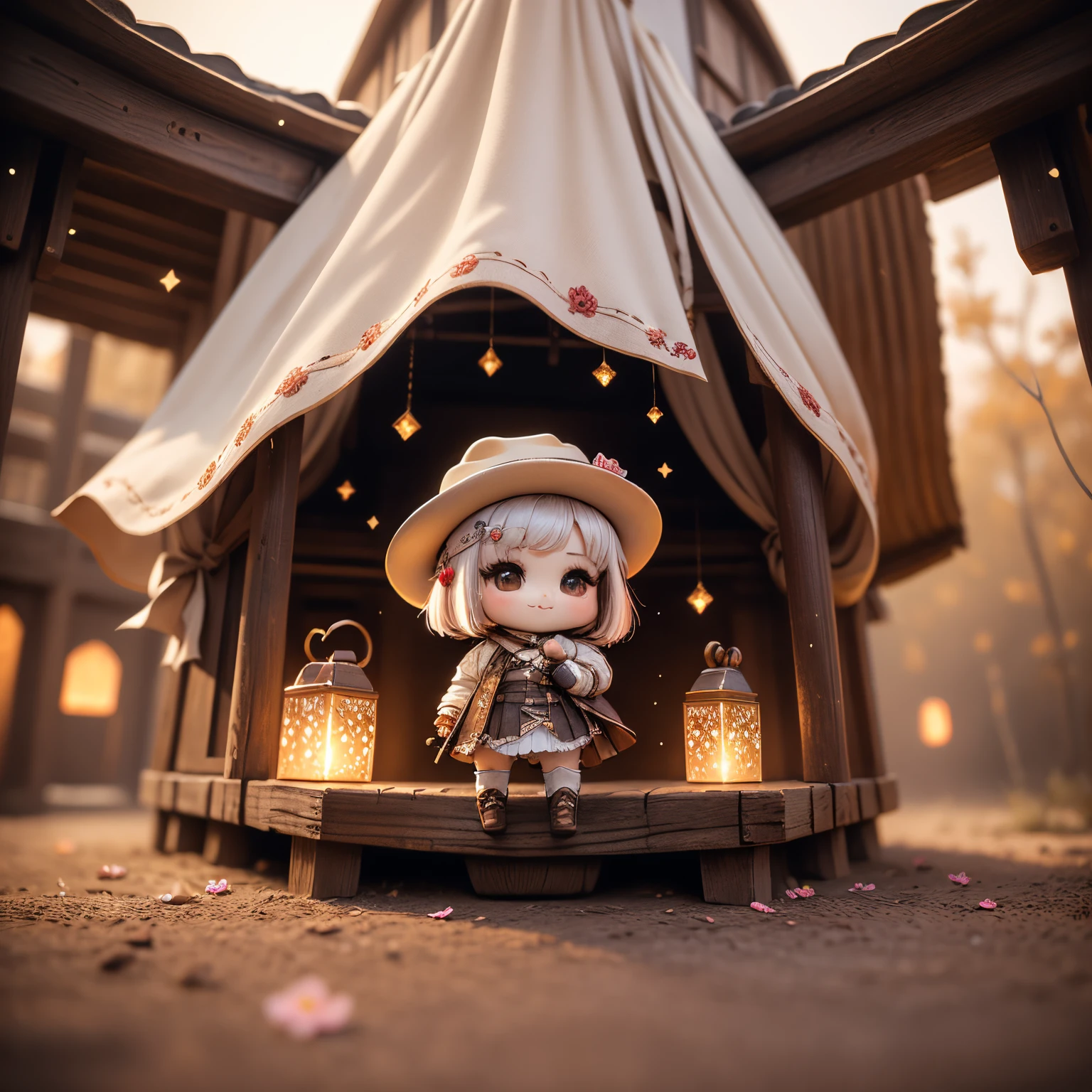 chef d&#39;oeuvre、qualité supérieure、ultra-détaillé、(La fille de Chibi Chara:1.2),Bob blanc,chapeau marron de dix gallons,magnifique cosplay western,Bottes western marron,Tapis de fleurs roses,Drame occidental,un sourire,Figure debout de tout le corps,Les paillettes brillent