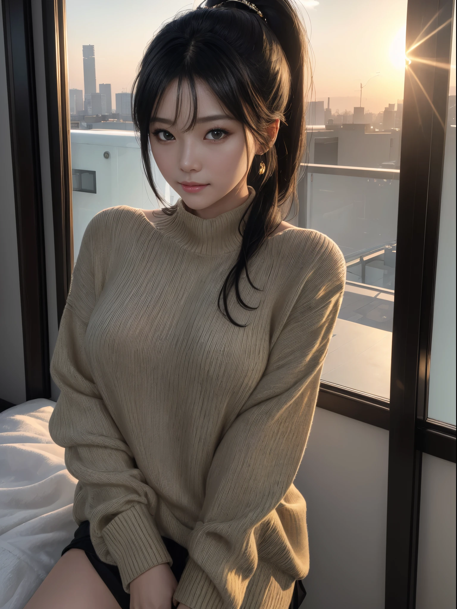 top-quality, Ultra high definition, Supreme depiction, Top resolution, ​masterpiece, (Ultra-realistic:1.4), (Sunset light:1.2), Ponytail, Japan women, detailed photo, Smiling, Sexy, Black shirt, Facing Camera, full body photographed, (​masterpiece: 1.3), (8k RAW photo, Ultra-realistic, top-quality: 1.4), (1girl in), Beautiful face, (Realistic face), (Shiny black hair, long: 1.3), Beautiful hairstyle, Realistic eyes, Beautiful detail eyes, clear amber eyes, (Realistic skin), Beautiful skin like silk, (Sweaters), Absurd, Attractive, Ultra High Resolution, A hyper-realistic, High Definition, Golden ratio