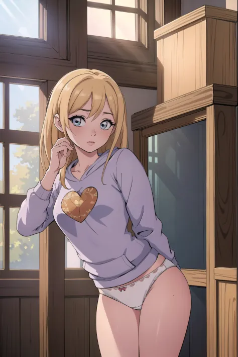 (masterpiece, best quality, highres, high resolution:1.2), extremely detailed, realistic, intricate details, Lucy Heartfilia, solo, shy, blush, freckles, wearing sweatshirt, panties, highleg panties, standing, (cinematic lighting, sunlight, volumetric), in...