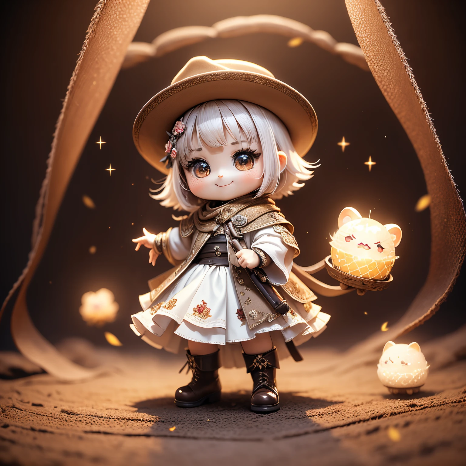 ​masterpiece、top-quality、ultra-detailliert、(Chibi Chara's Daughter:1.2),White Bob,Brown ten-gallon hat,luxurious western clothing ,brown western boots,Rose Flower Carpet,Western drama,A smile,Full-body standing figure,Glitter