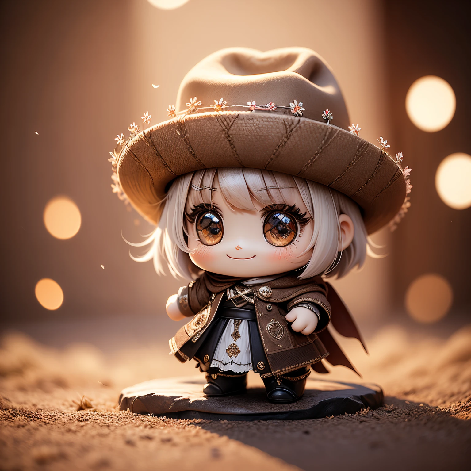 ​obra maestra、de primera calidad、ultra detallado、(La hija de Chibi Chara:1.2),bob blanco,Sombrero marrón de diez galones,ropa occidental de lujo ,botas occidentales marrones,Alfombra de flores rosas,drama occidental,Una sonrisa,Figura de pie de cuerpo entero.,Brillantina