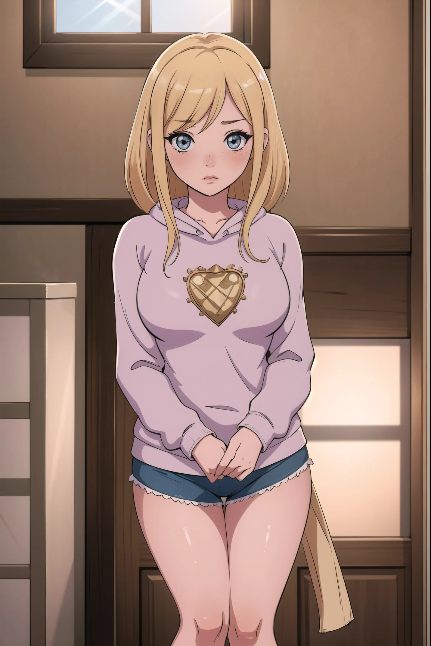 (masterpiece, best quality, highres, high resolution:1.2), extremely detailed, realistic, intricate details, Lucy Heartfilia, solo, shy, blush, freckles, wearing sweatshirt, panties, highleg panties, standing, (cinematic lighting, sunlight, volumetric), indoors, window, looking at viewer