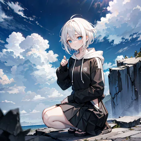 solo girl,,black pleated skirt,white  hoodie,short_hair， white hair,ahoge,
，touching eyes，cliff，crying，kneel，overview，raining，cl...