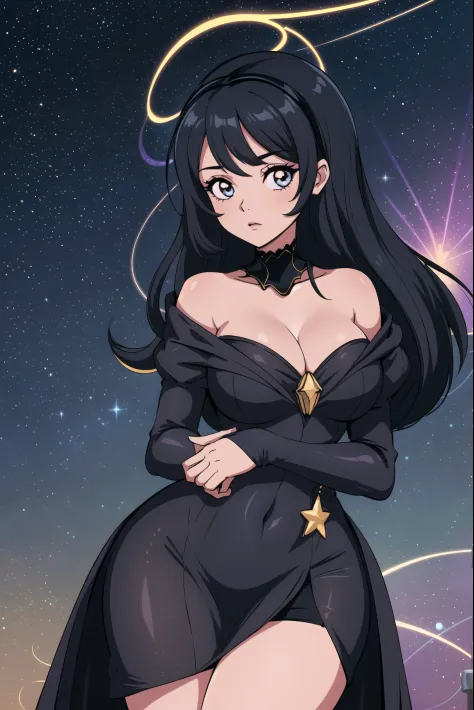 1 girl, (((ultra - detailed))), ((tmasterpiece)), ((illuminations)), , starlights, Black gorgeous dress, Curvy woman, veils, sliver long hair, Fair skin, Sagged Eyes, This picture looks like stars shining in the night sky, chest circumference, view the vie...