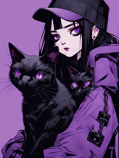 Anime girl with long black hair and purple eyes holding a black cat, young girls，young teenage girl，Emo girl and her , Portrait of goth cat and girl, Digital illustration style, in the art style of bowater, style of anime, Anime style illustration,serious ...