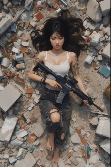 Photorealsitic、realistic skin textures、automatic rifle、Sharp Focus