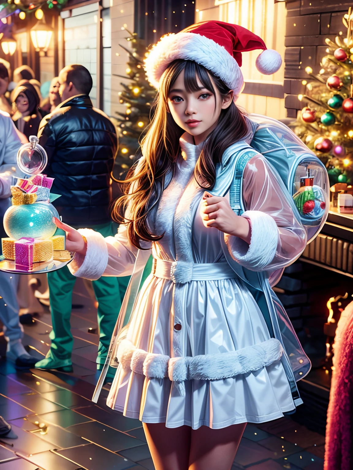 christmas，1 girl wearing transparent glowing Christmas costume，Wearing a transparent glowing backpack，Holding a beautiful Christmas wreath，Standing in Christmas decorated room