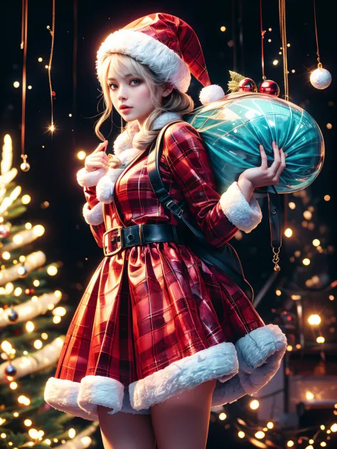 christmas，(1 girl wearing transparent glowing Christmas costume，Wearing a transparent glowing backpack)，(Holding a beautiful Chr...