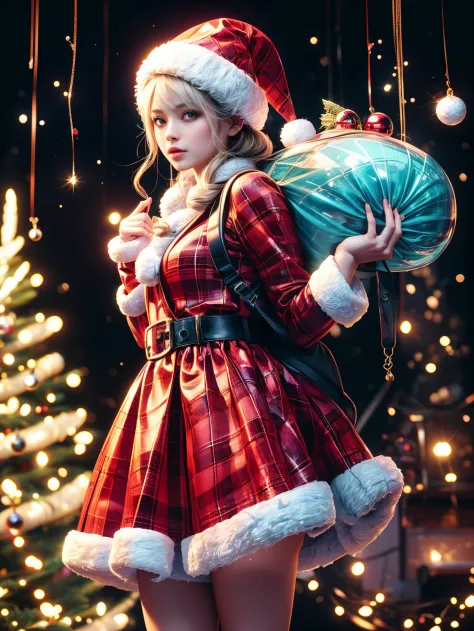 christmas，(1 girl wearing transparent glowing christmas costume，wearing a transparent glowing backpack)，(holding a beautiful chr...