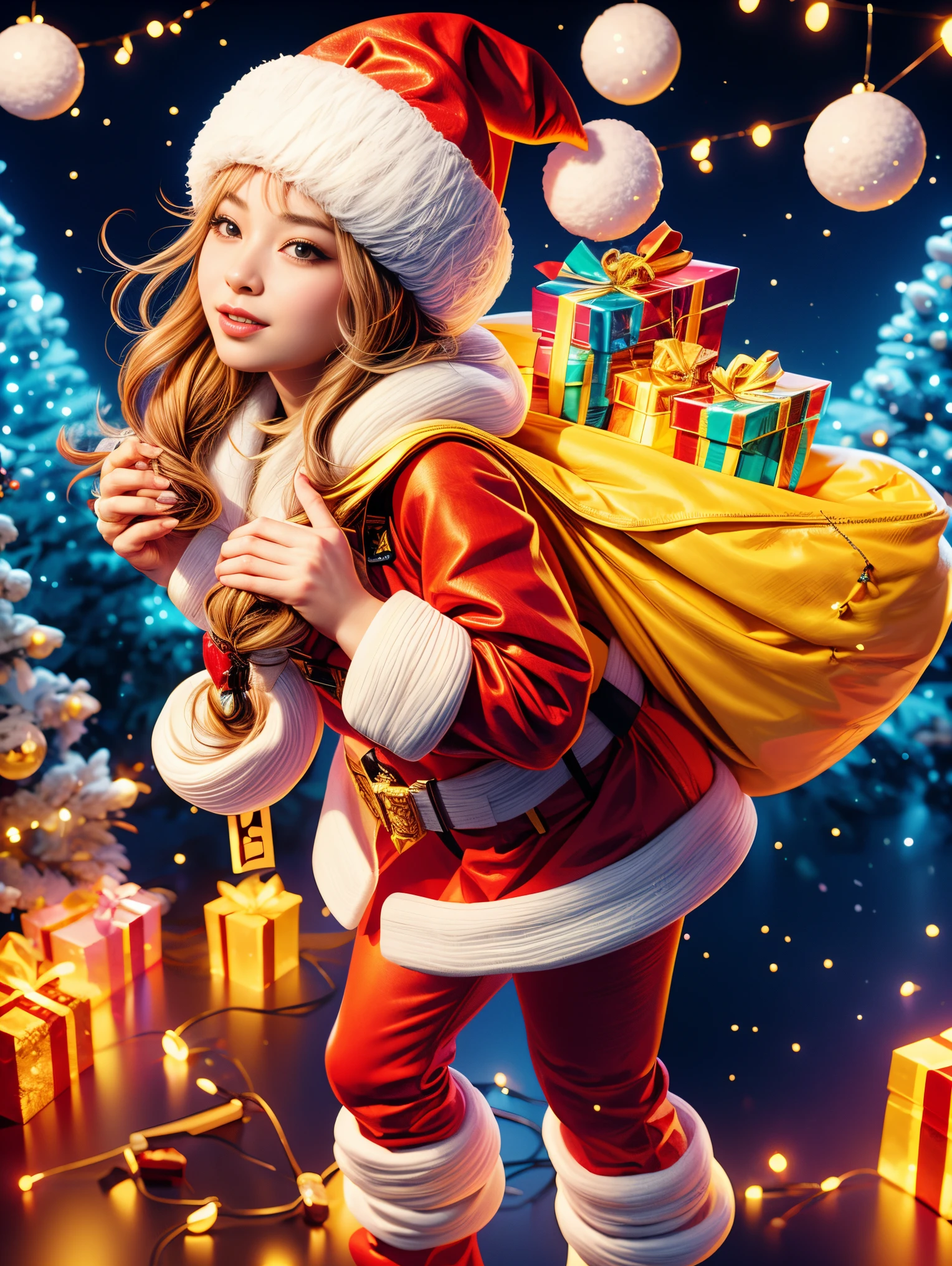 Christmas, a cute and beautiful Chinese girl wearing a glowing traditional Santa Claus costume, carrying a transparent glowing backpack, holding a beautiful Christmas wreath in both hands, standing in a bright and warm Christmas decorated room, looking at the audience, First person perspective, photo album, seven clones